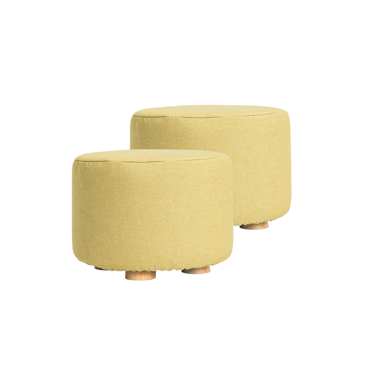 La Bella 2 Set Mustard Yellow Fabric Ottoman Round Wooden Leg Foot Stool