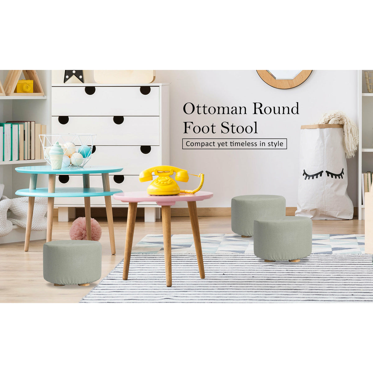 La Bella 2 Set Grey Fabric Ottoman Round Wooden Leg Foot Stool