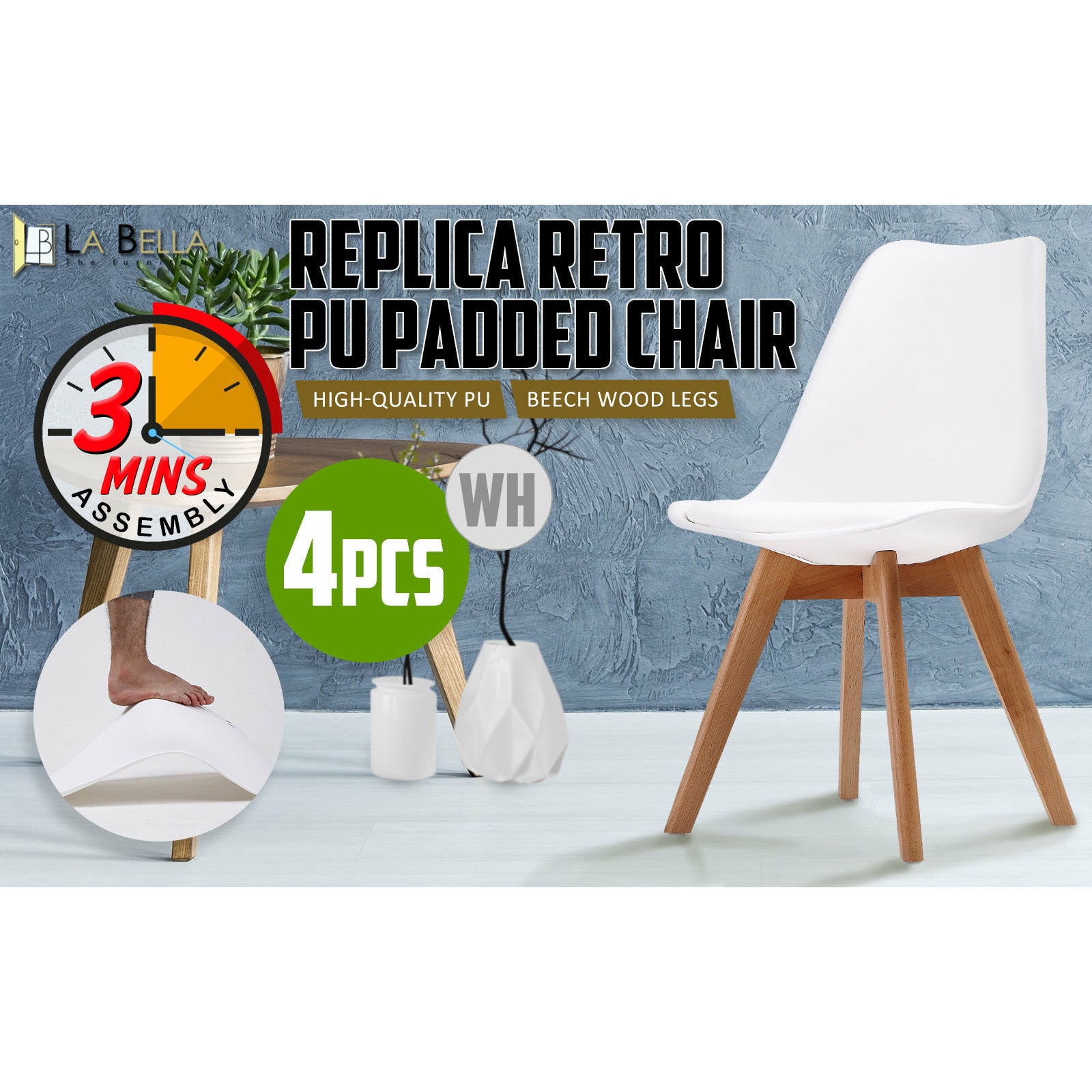 La Bella 4 Set White Retro Dining Cafe Chair Padded Seat