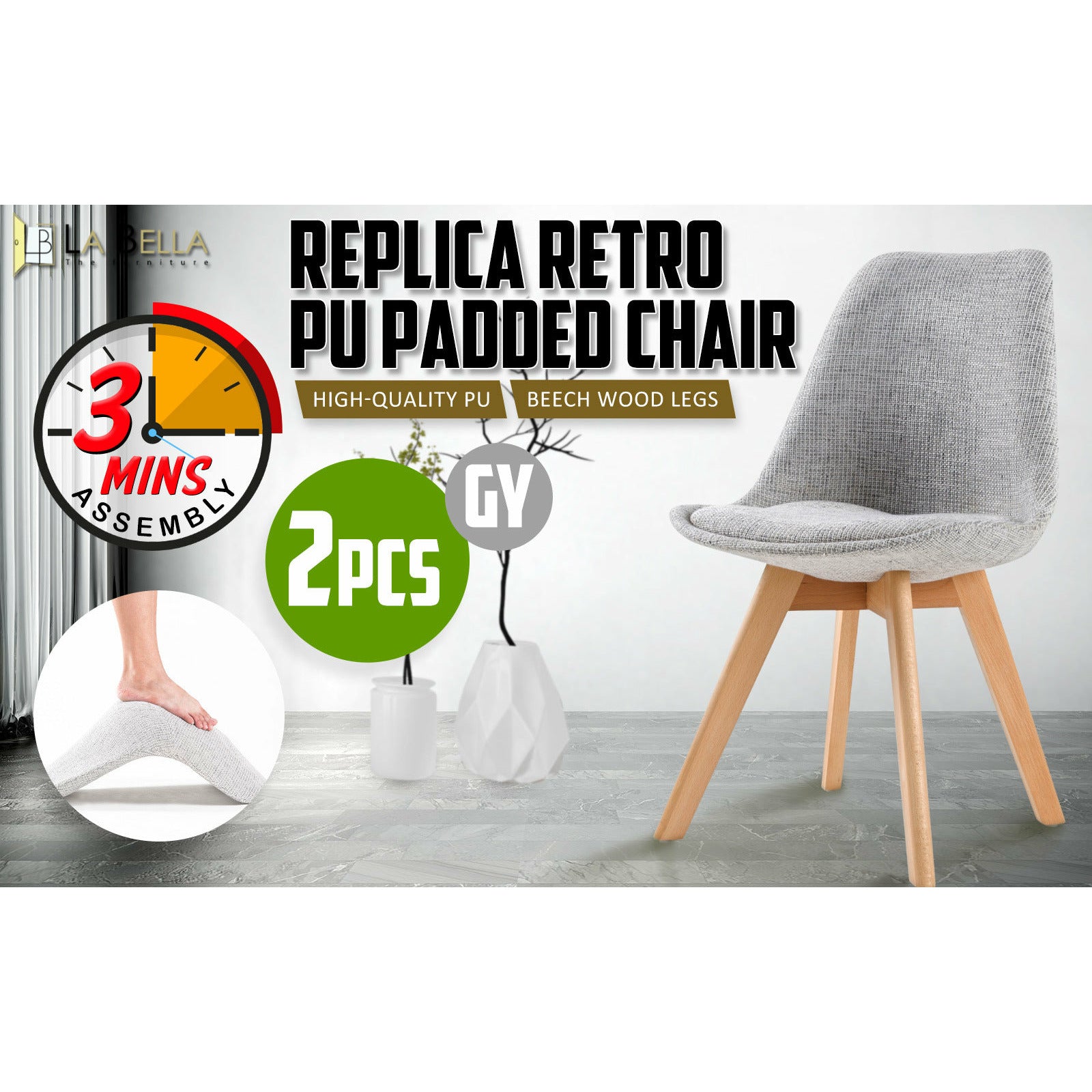 La Bella 2 Set Grey Retro Dining Cafe Chair Padded Seat