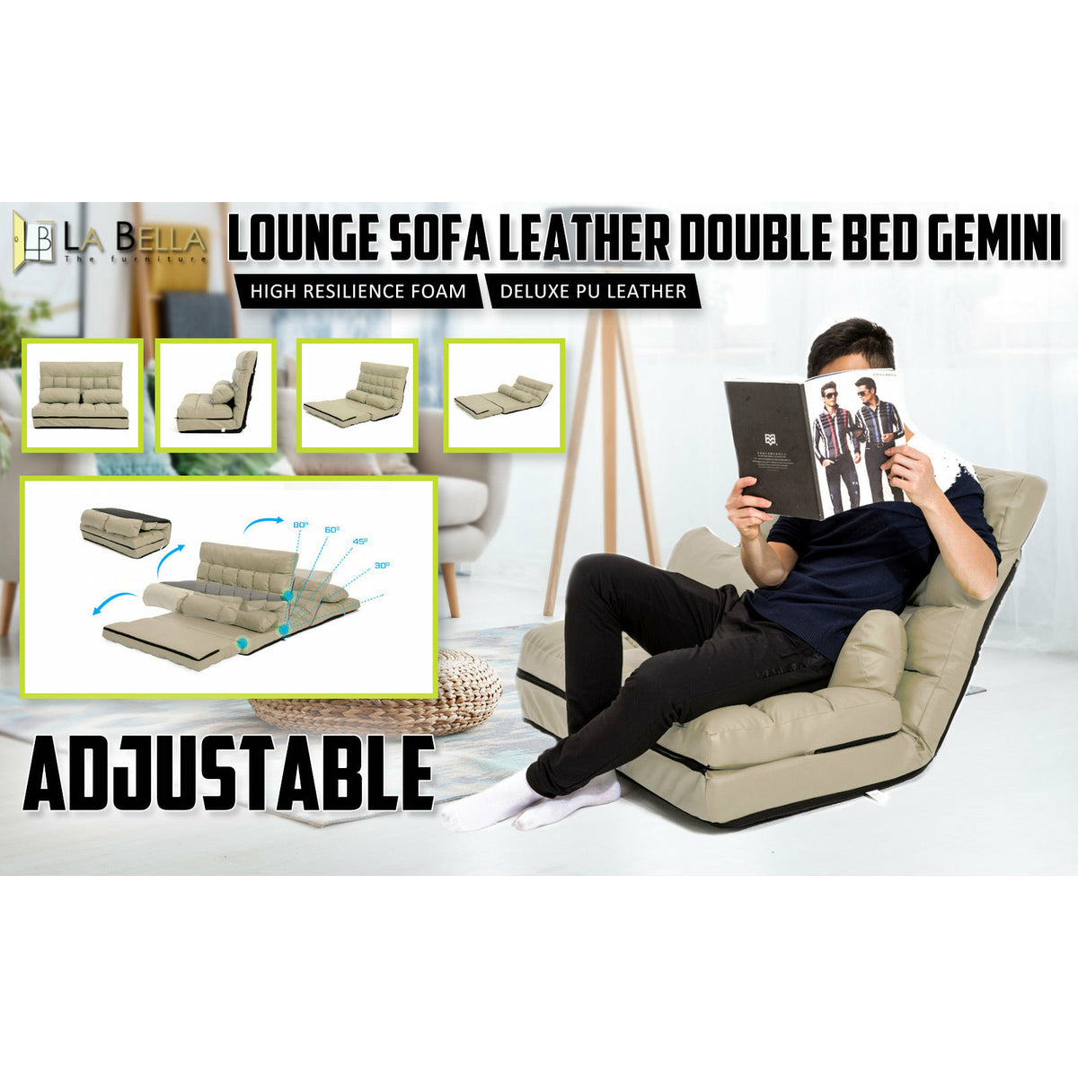 La Bella Double Seat Couch Bed Beige Sofa Gemini Leather