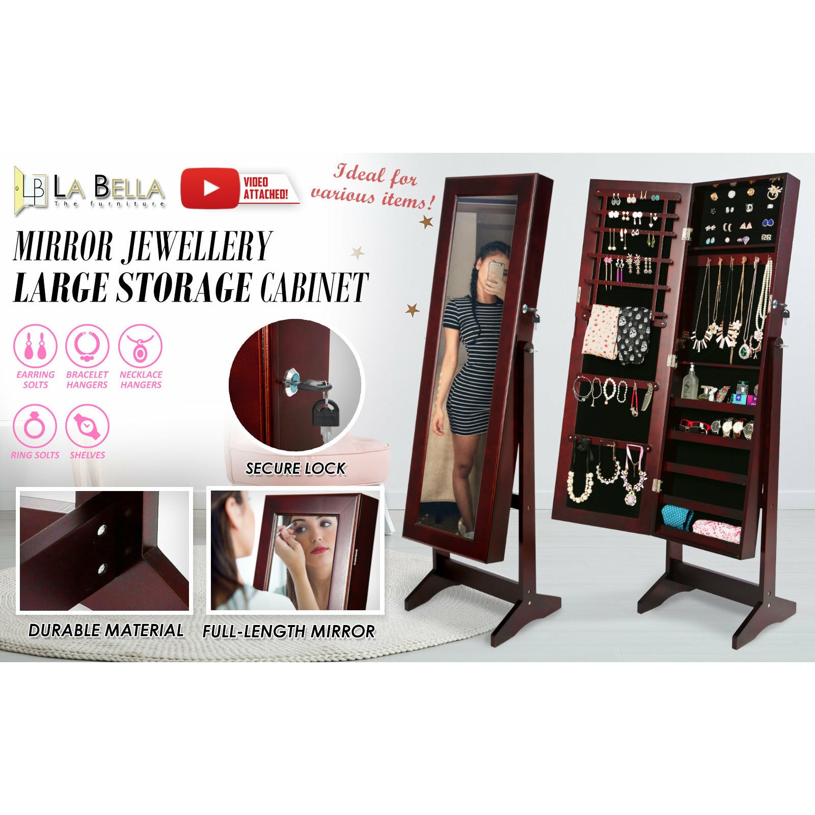 La Bella 146cm Walnut Mirror Jewellery Cabinet Storage Organiser LUVO