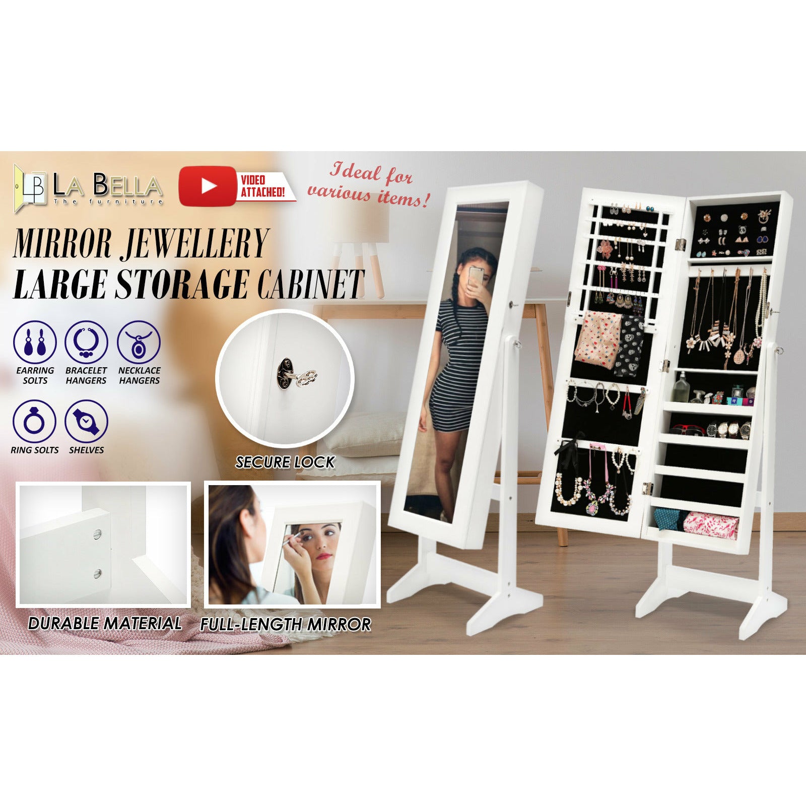 La Bella 146cm White Mirror Jewellery Cabinet Storage Organiser LUVO