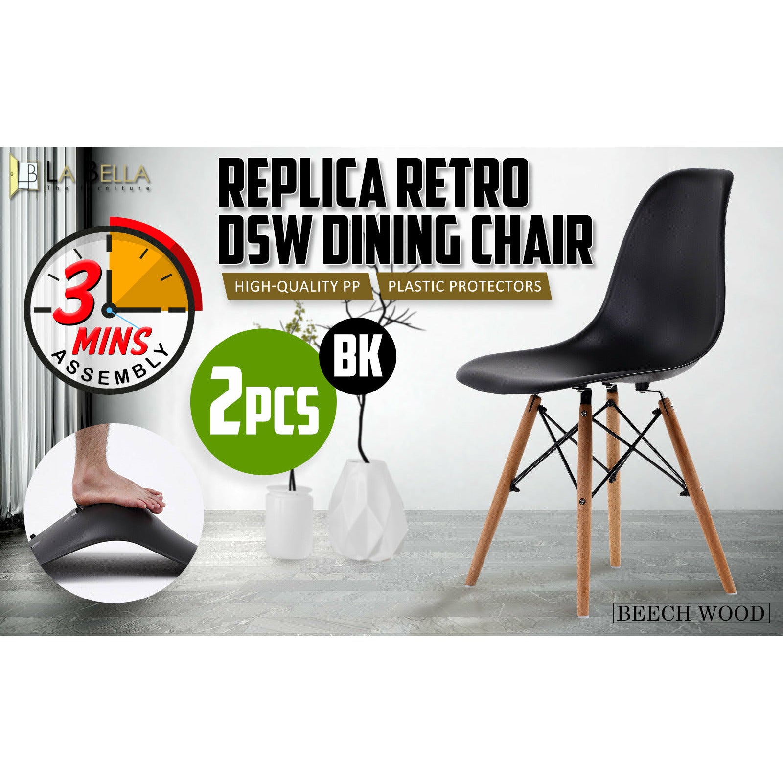 La Bella 2 Set Black Retro Dining Cafe Chair DSW PP