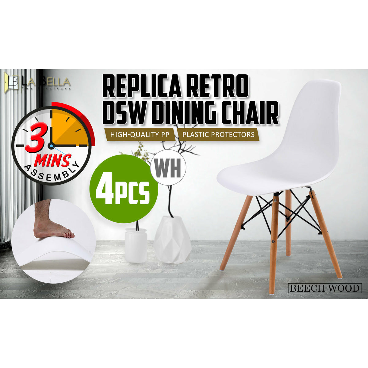 La Bella 4 Set White Retro Dining Cafe Chair DSW PP