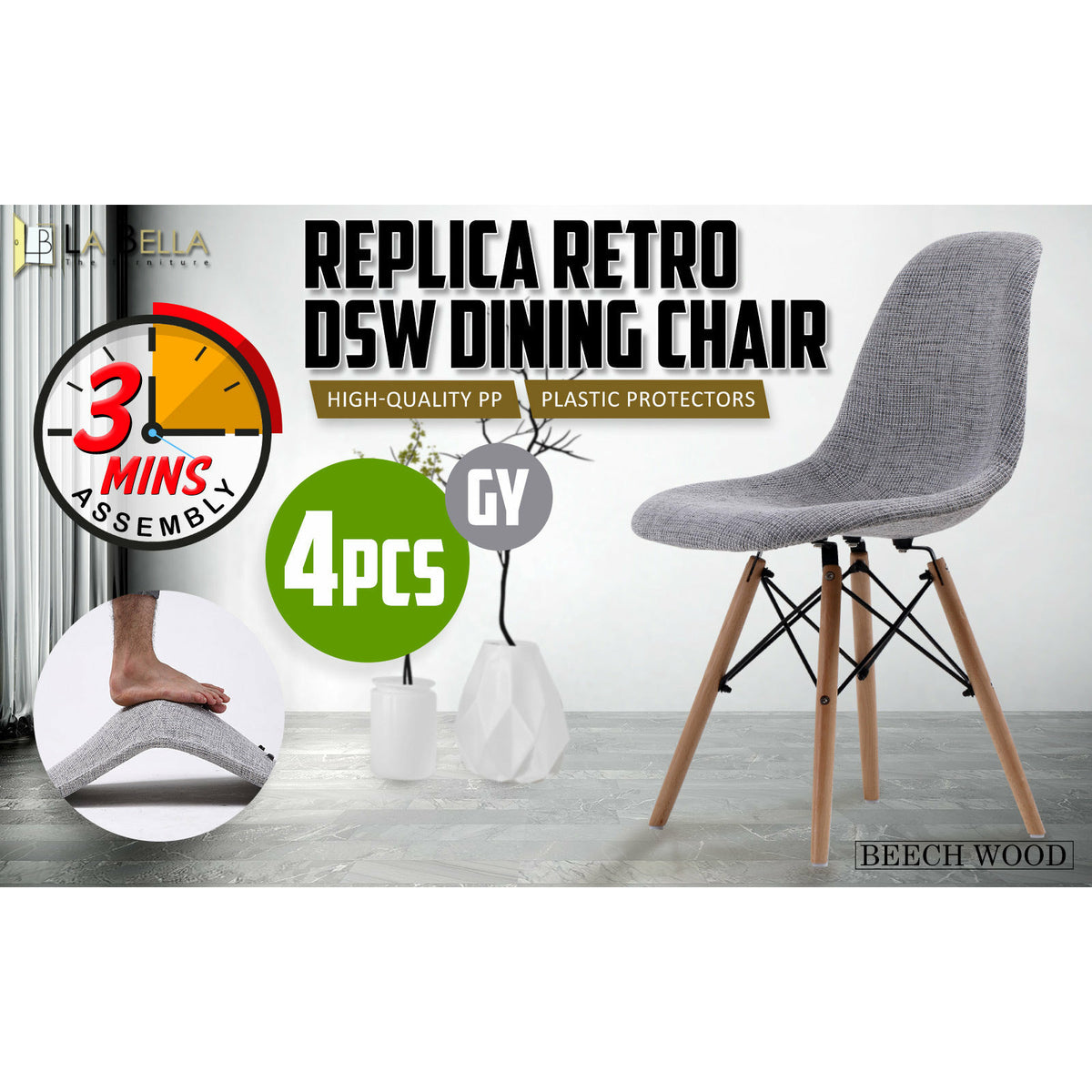 La Bella 4 Set Grey Retro Dining Cafe Chair DSW Fabric