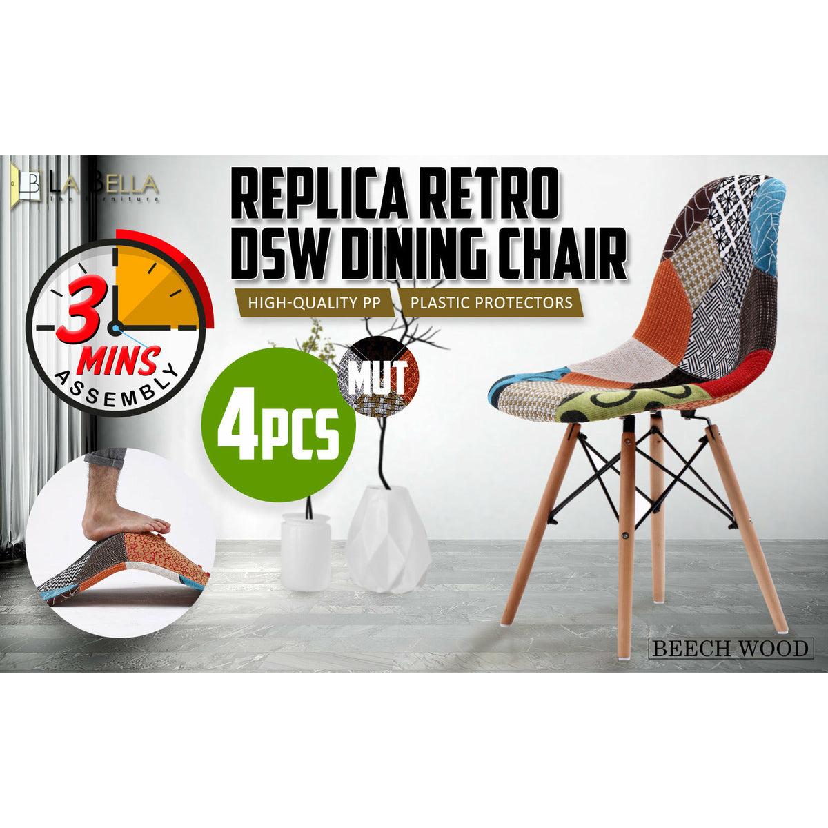 La Bella 2 Set Multi Colour Retro Dining Cafe Chair DSW Fabric