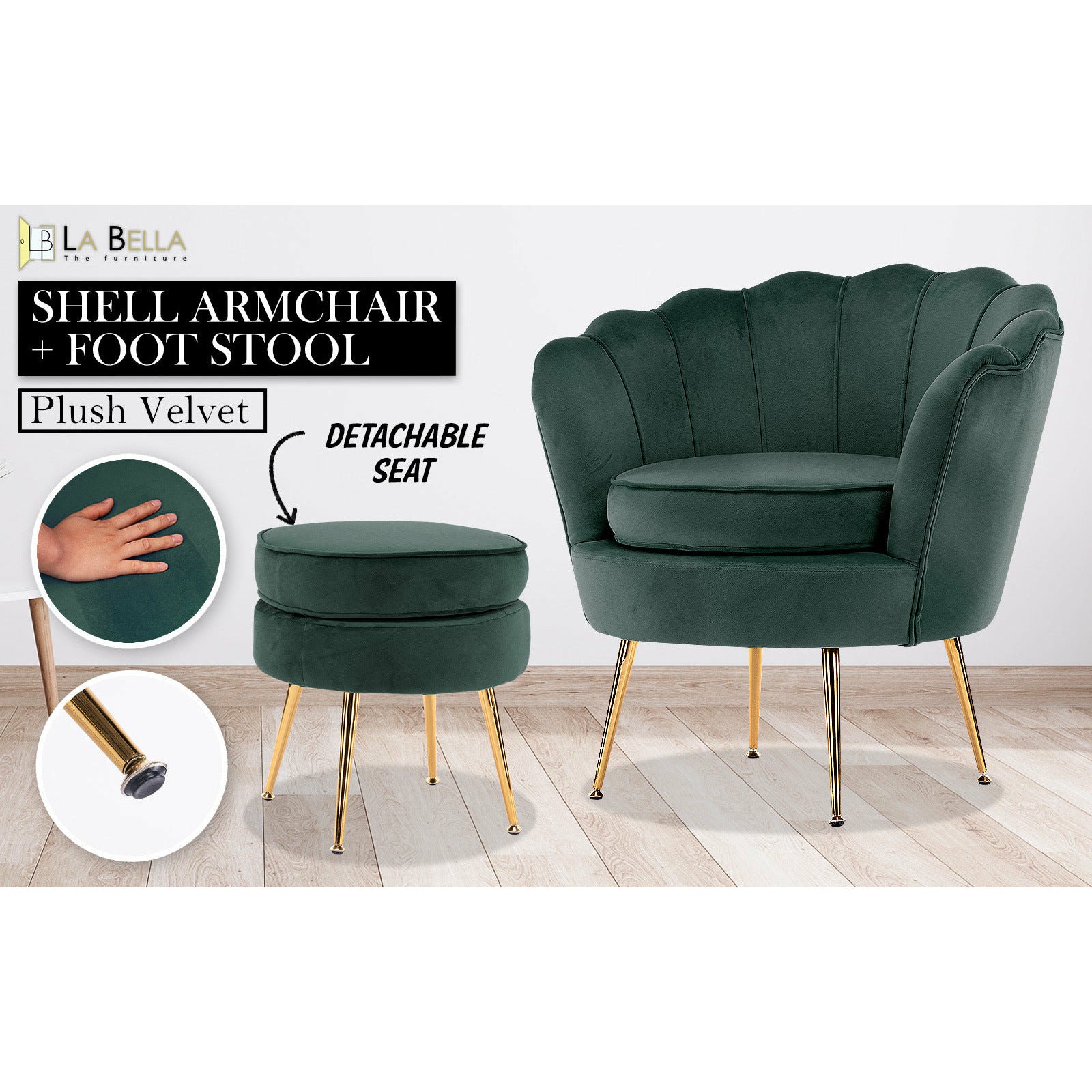 La Bella Shell Scallop Green Armchair Accent Chair Velvet + Round Ottoman Footstool