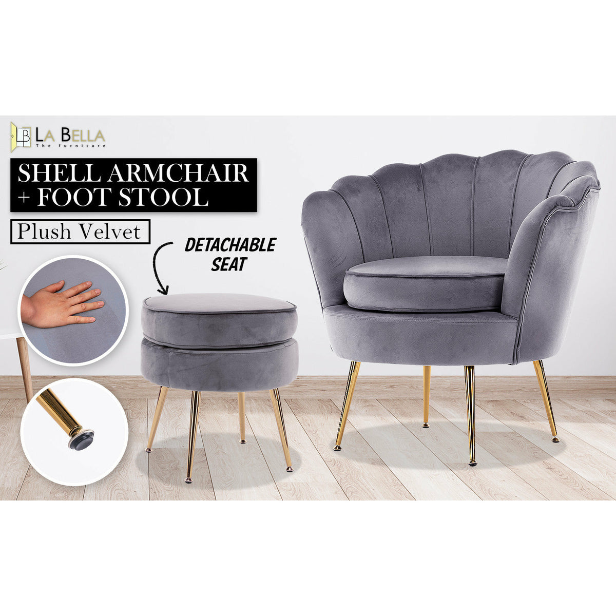 La Bella Shell Scallop Grey Armchair Accent Chair Velvet + Round Ottoman Footstool