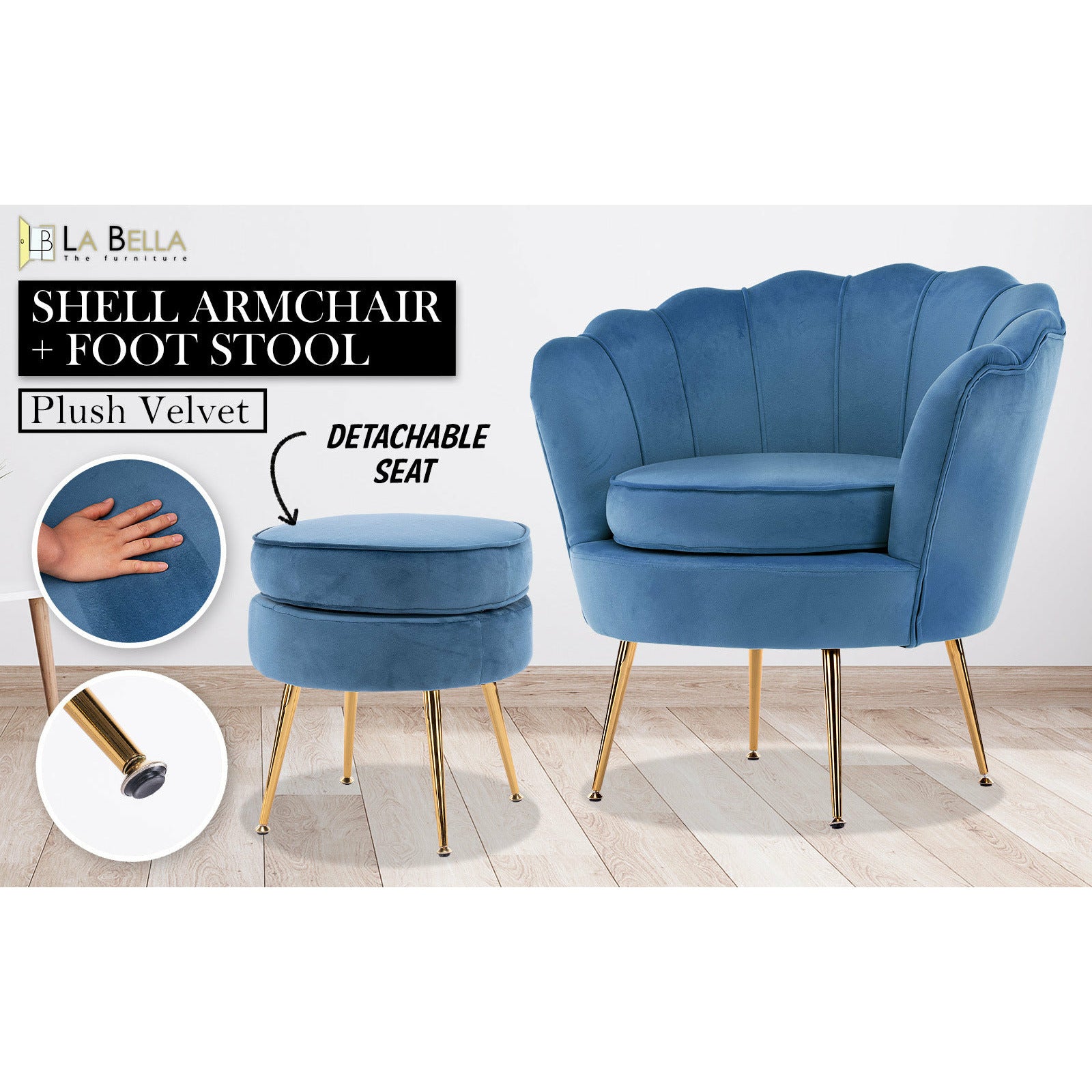 La Bella Shell Scallop Navy Blue Armchair Accent Chair Velvet + Round Ottoman Footstool