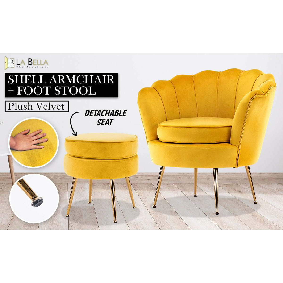 La Bella Shell Scallop Yellow Armchair Accent Chair Velvet + Round Ottoman Footstool