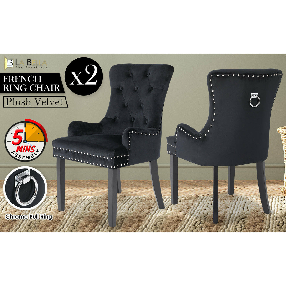 La Bella 2 Set Black French Provincial Dining Chair Ring Studded Lisse Velvet Rubberwood