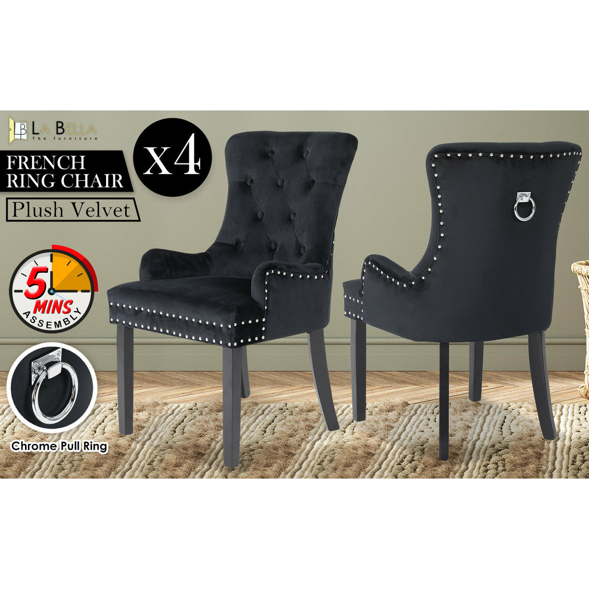 La Bella 4 Set Black French Provincial Dining Chair Ring Studded Lisse Velvet Rubberwood