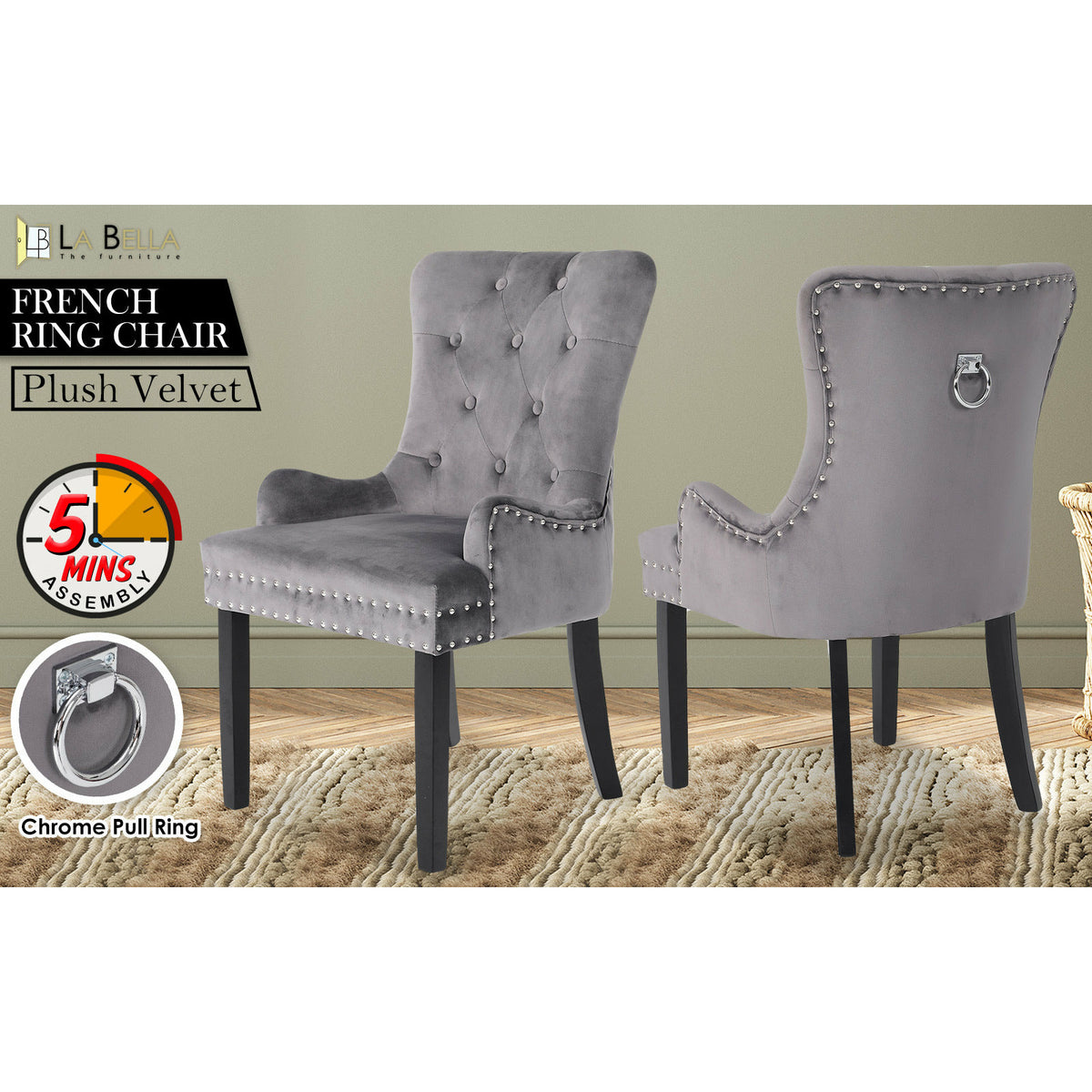 La Bella Grey French Provincial Dining Chair Ring Studded Lisse Velvet Rubberwood