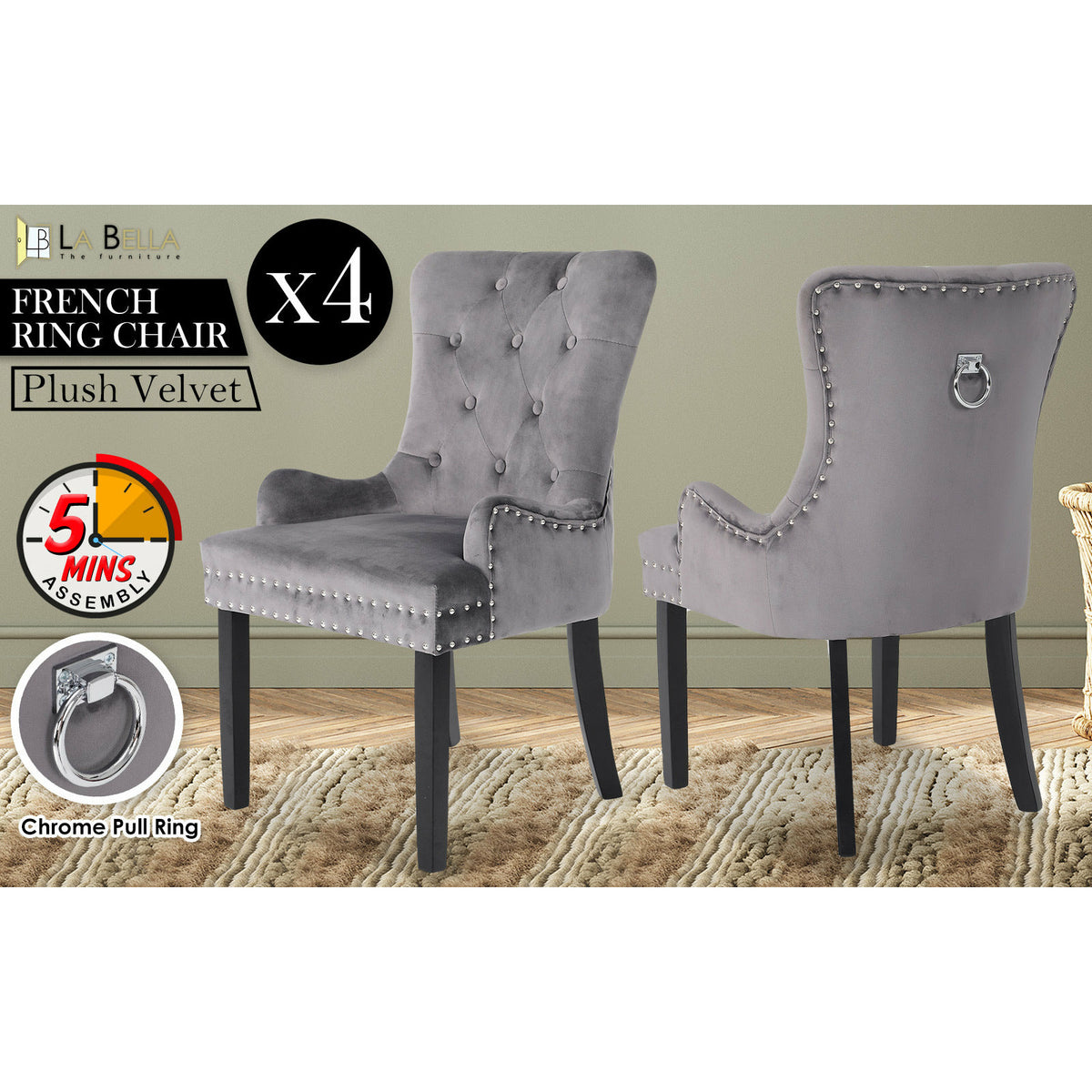 La Bella 4 Set Grey French Provincial Dining Chair Ring Studded Lisse Velvet Rubberwood