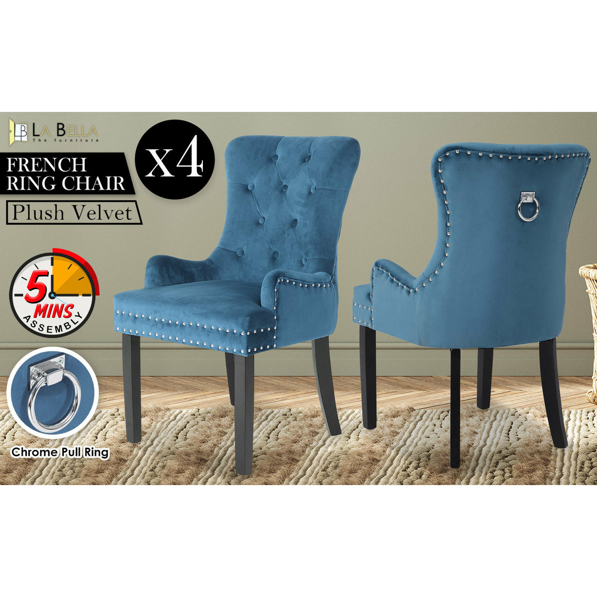 La Bella 4 Set Navy Blue French Provincial Dining Chair Ring Studded Lisse Velvet Rubberwood