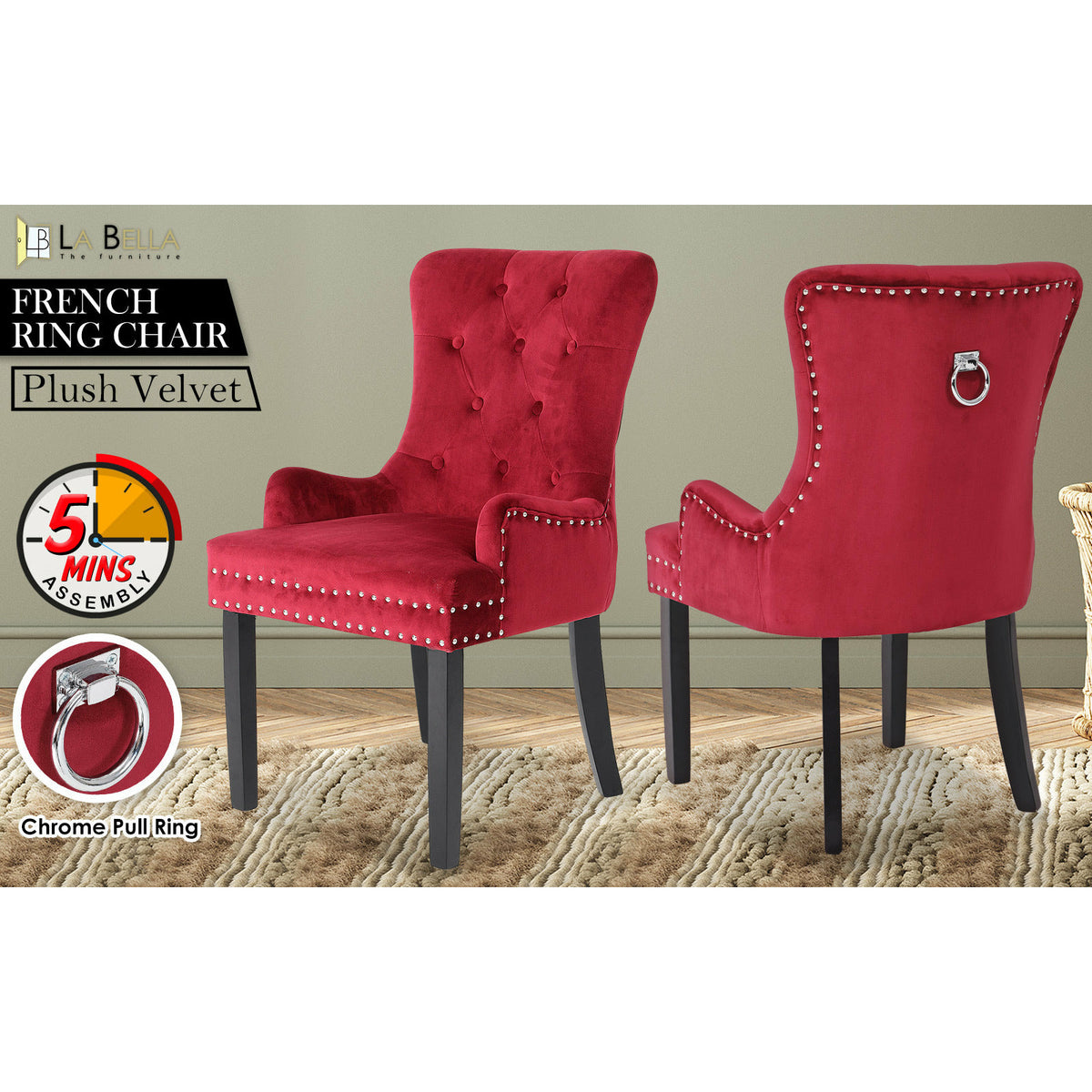 La Bella Red French Provincial Dining Chair Ring Studded Lisse Velvet Rubberwood