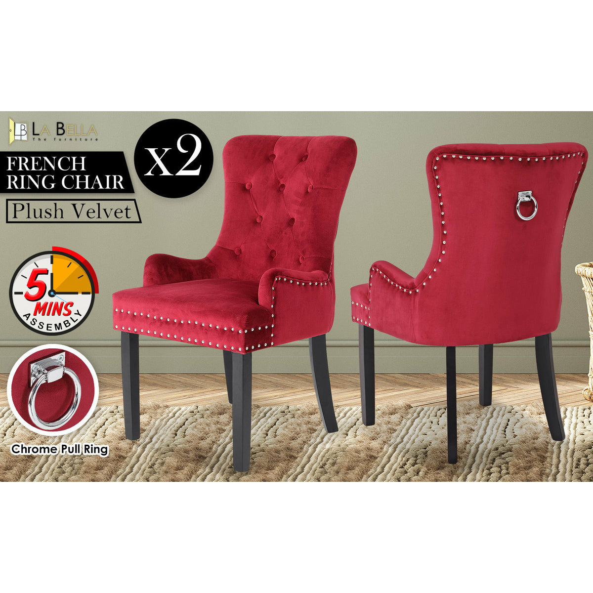 La Bella 2 Set Red French Provincial Dining Chair Ring Studded Lisse Velvet Rubberwood