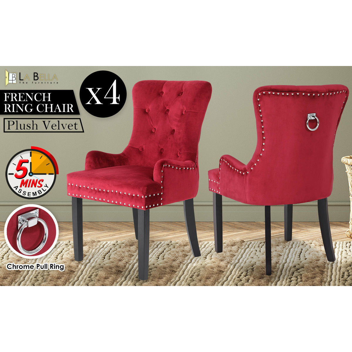 La Bella 4 Set Red French Provincial Dining Chair Ring Studded Lisse Velvet Rubberwood