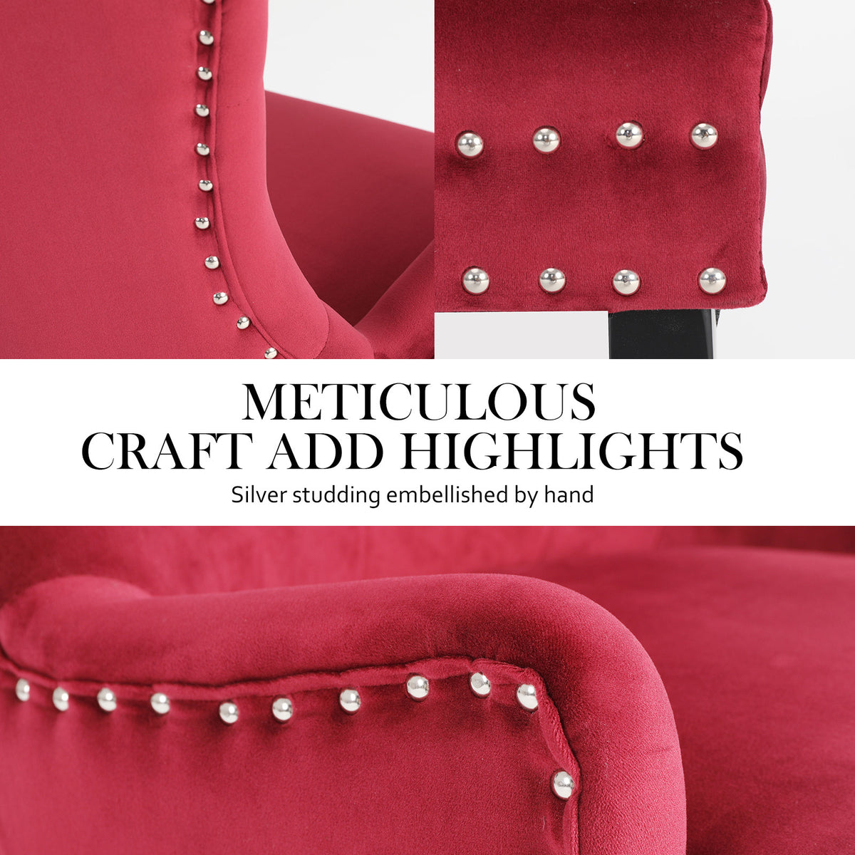 La Bella 4 Set Red French Provincial Dining Chair Ring Studded Lisse Velvet Rubberwood