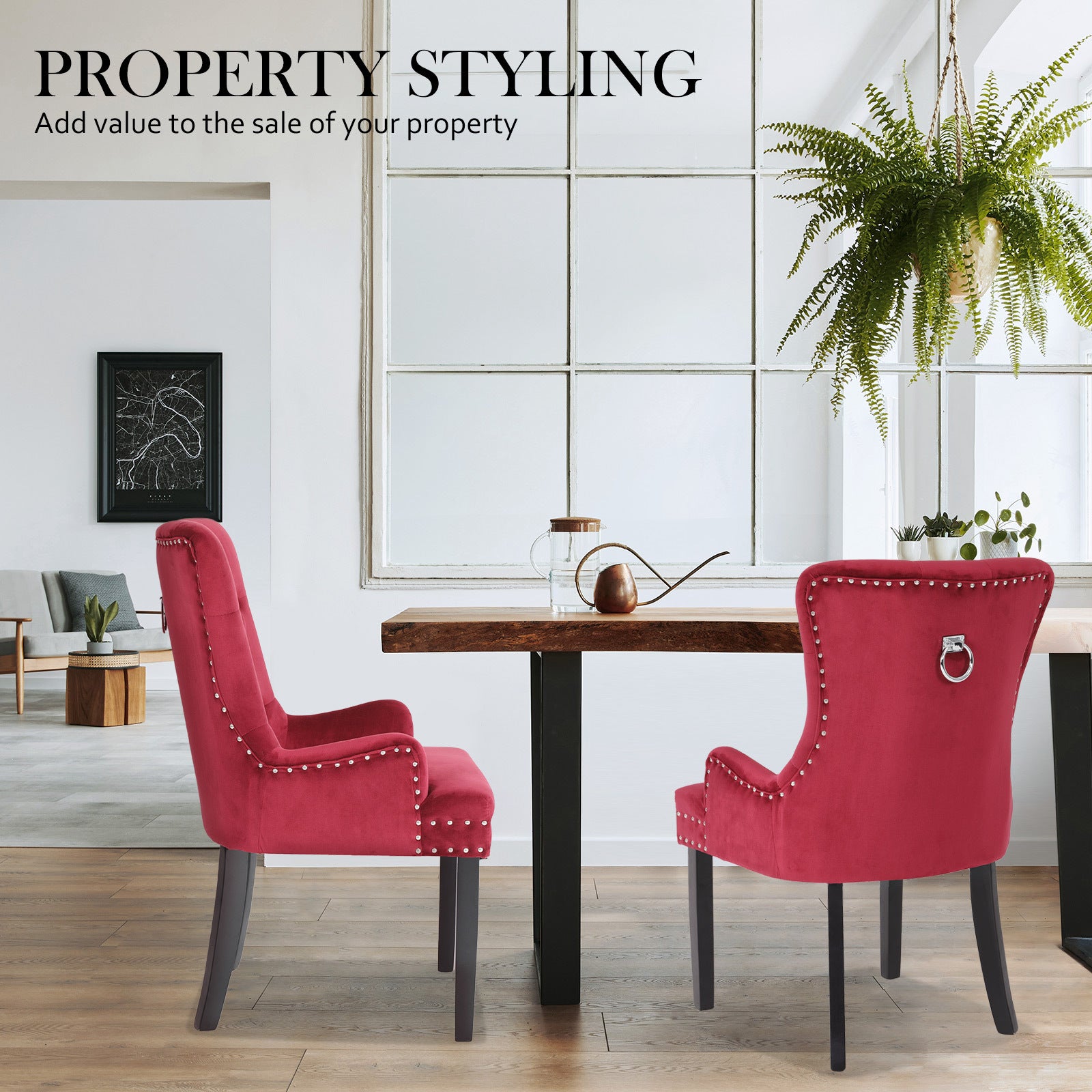 La Bella 4 Set Red French Provincial Dining Chair Ring Studded Lisse Velvet Rubberwood