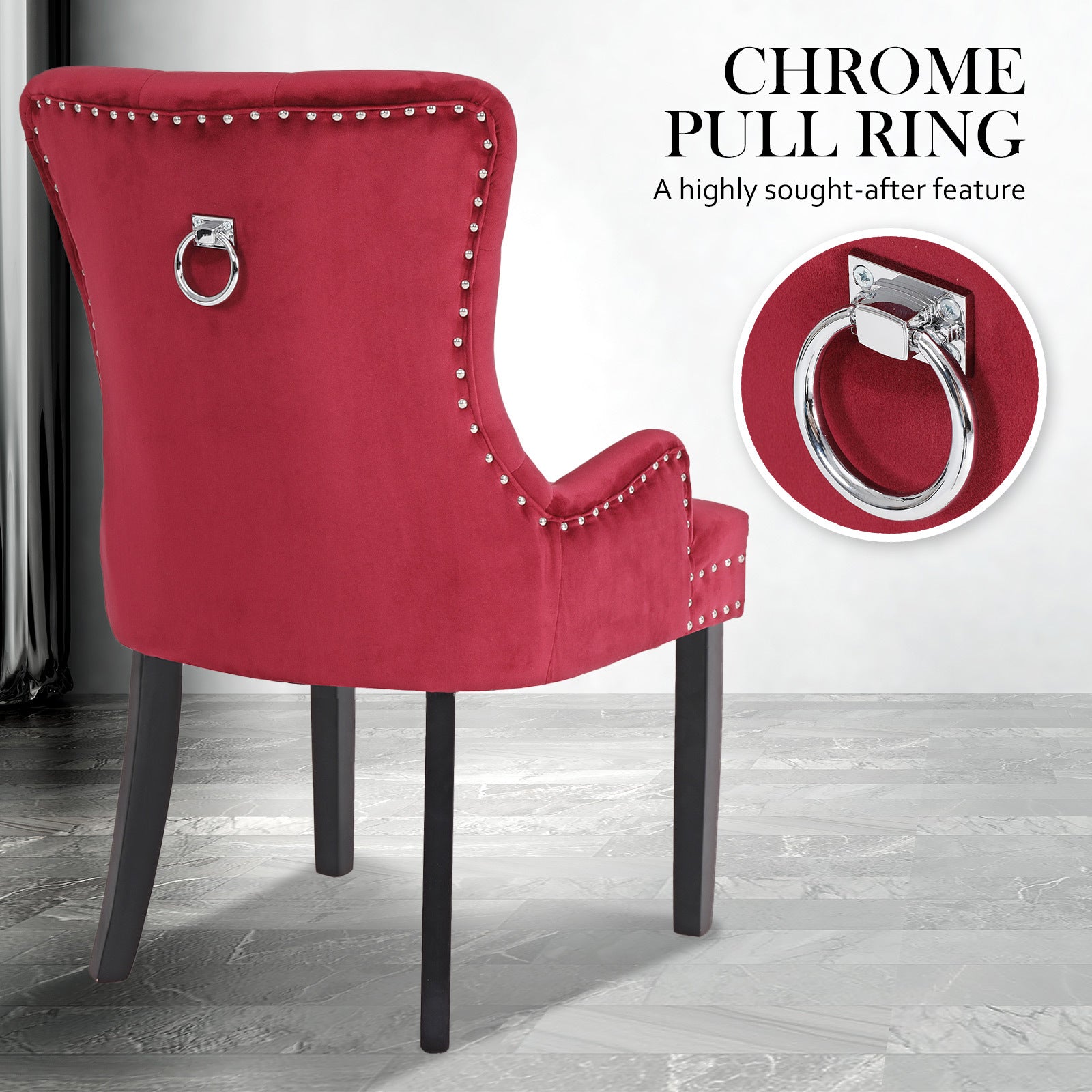 La Bella 4 Set Red French Provincial Dining Chair Ring Studded Lisse Velvet Rubberwood