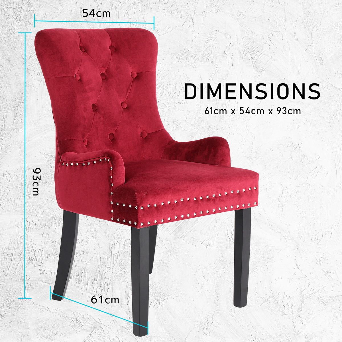 La Bella 4 Set Red French Provincial Dining Chair Ring Studded Lisse Velvet Rubberwood