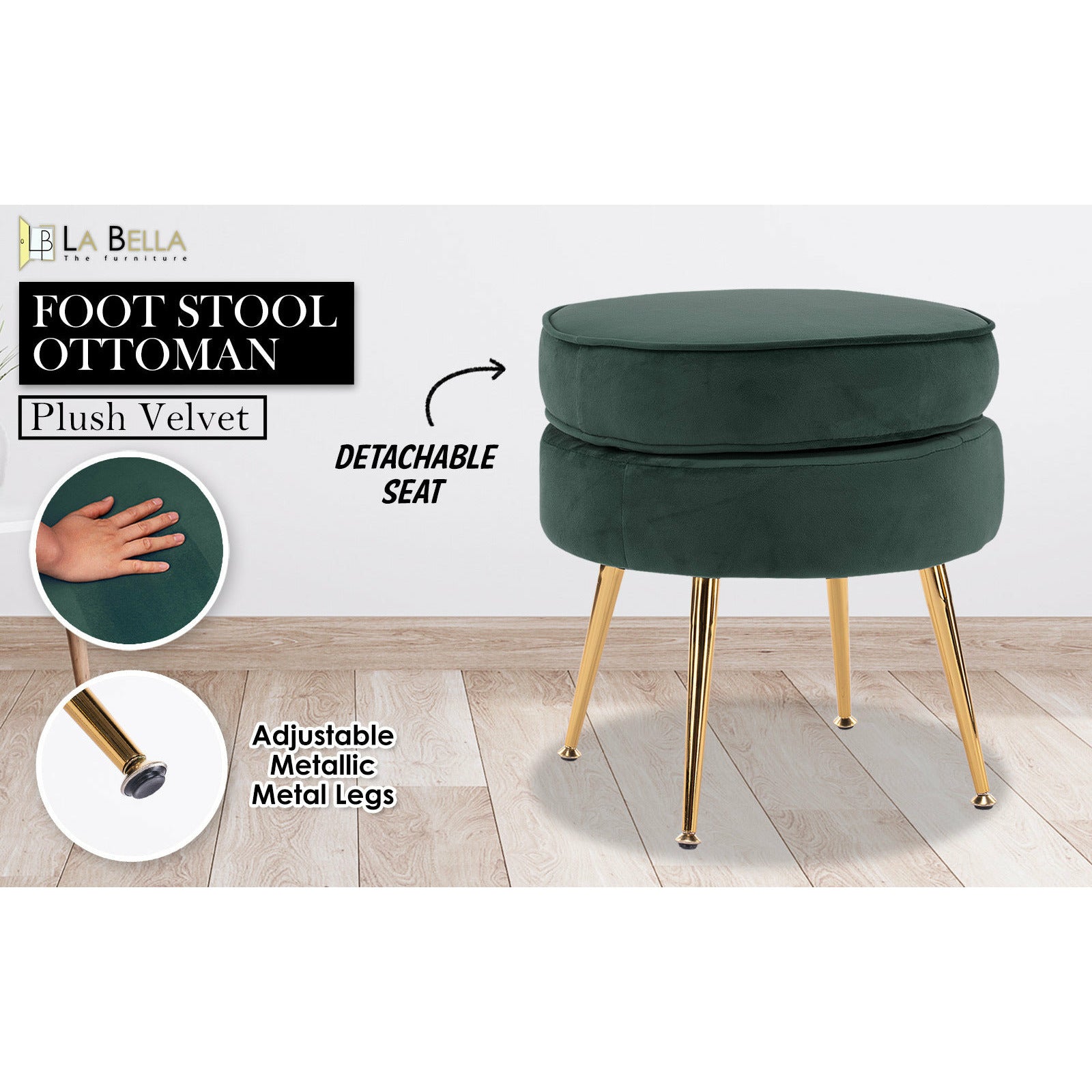 La Bella Green Round Ottoman Foot Stool Velvet Fabric Metal Leg
