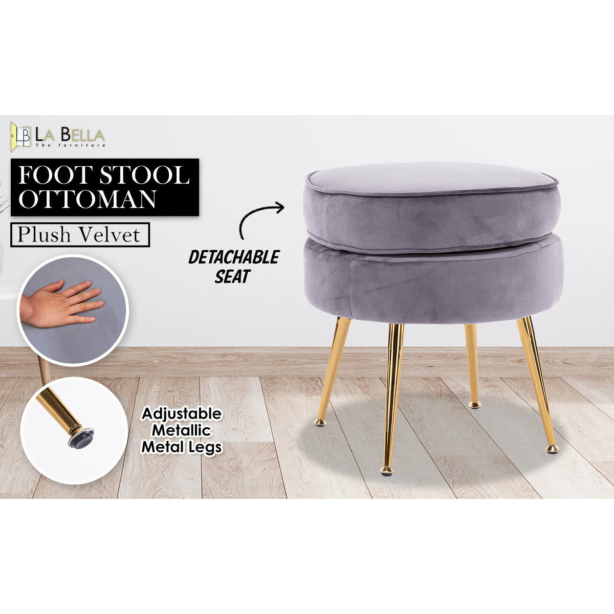 La Bella Grey Round Ottoman Foot Stool Velvet Fabric Metal Leg