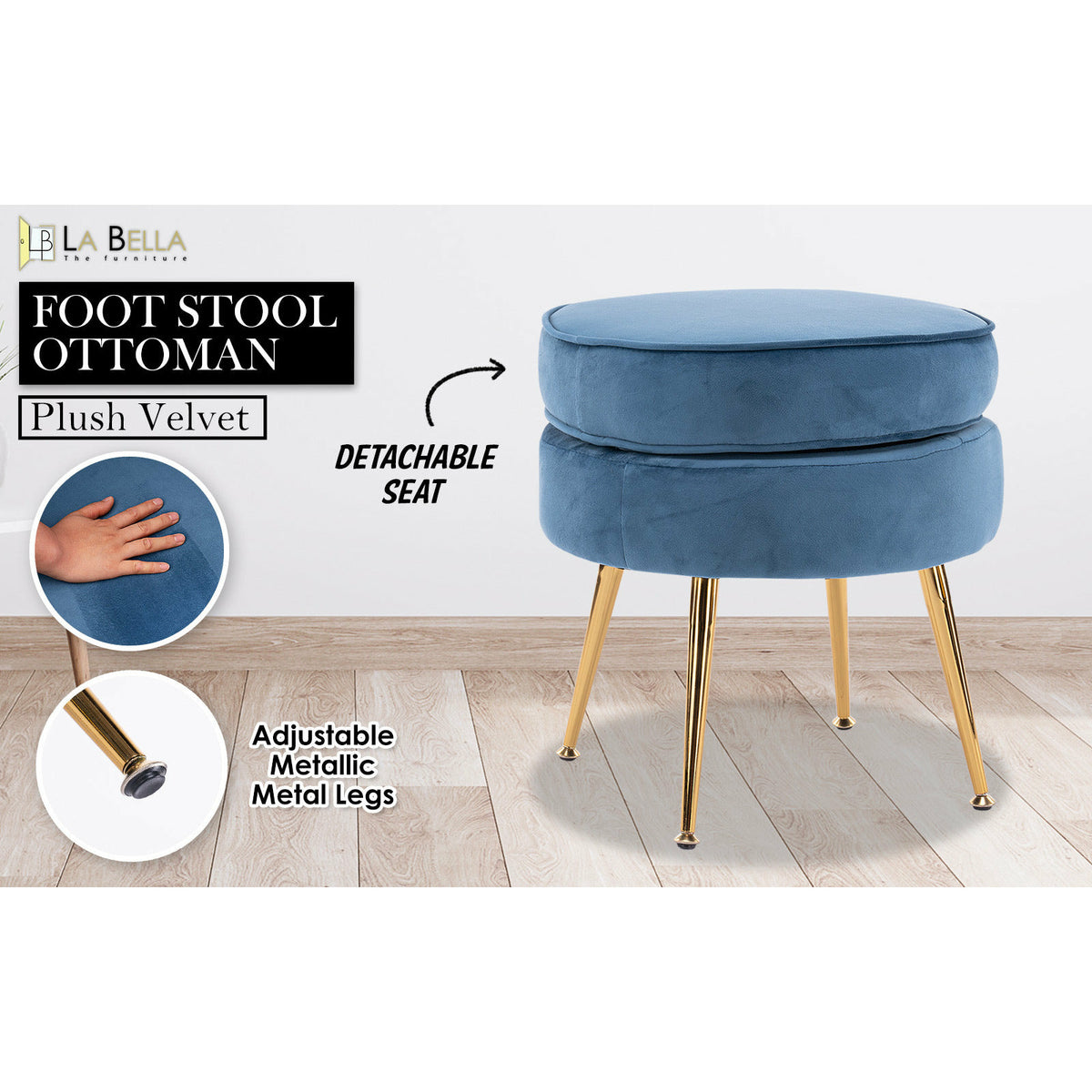 La Bella Navy Blue Round Ottoman Foot Stool Velvet Fabric Metal Leg