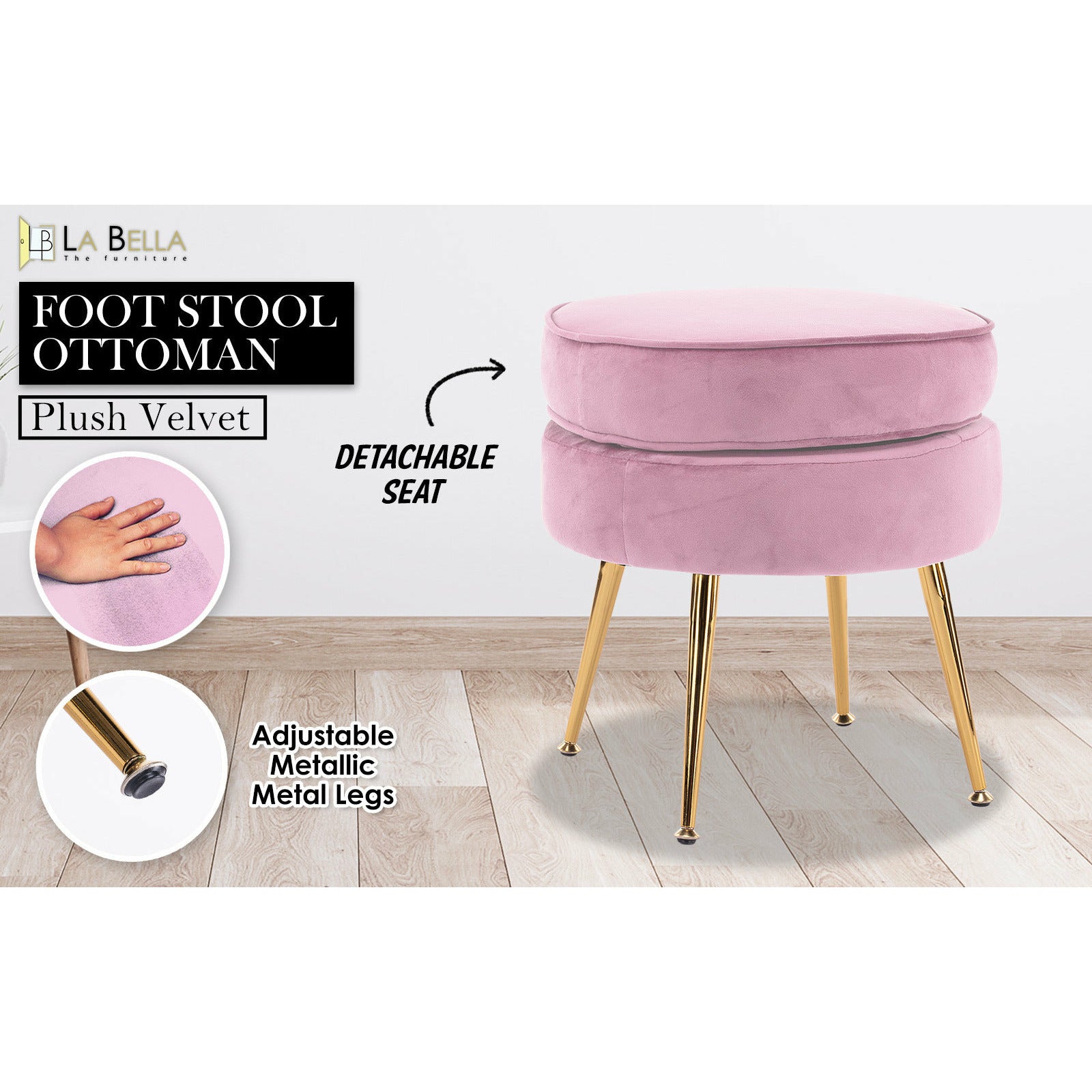 La Bella Pink Round Ottoman Foot Stool Velvet Fabric Metal Leg