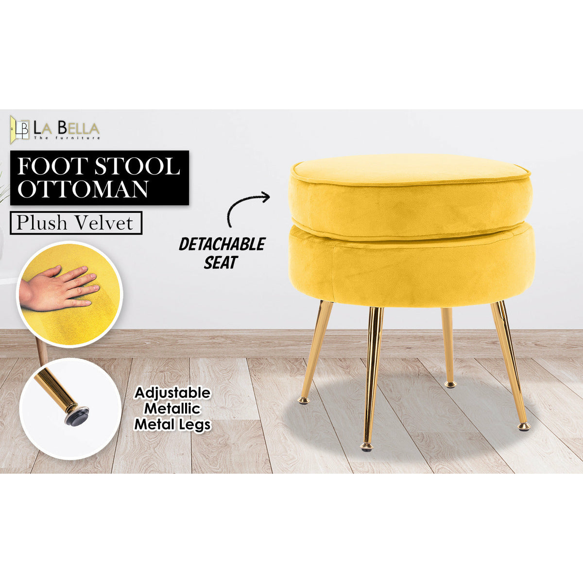La Bella Yellow Round Ottoman Foot Stool Velvet Fabric Metal Leg