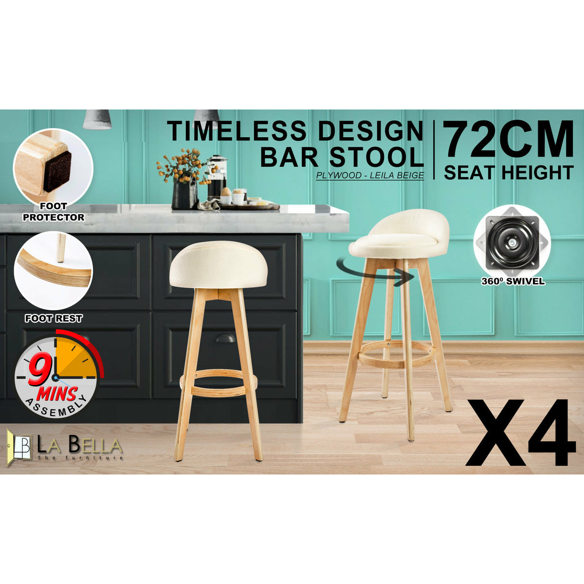 La Bella 4 Set 72cm Beige Wooden Bar Stool Leila Fabric