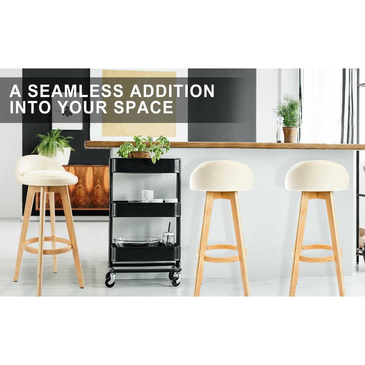 La Bella 4 Set 72cm Beige Wooden Bar Stool Leila Fabric