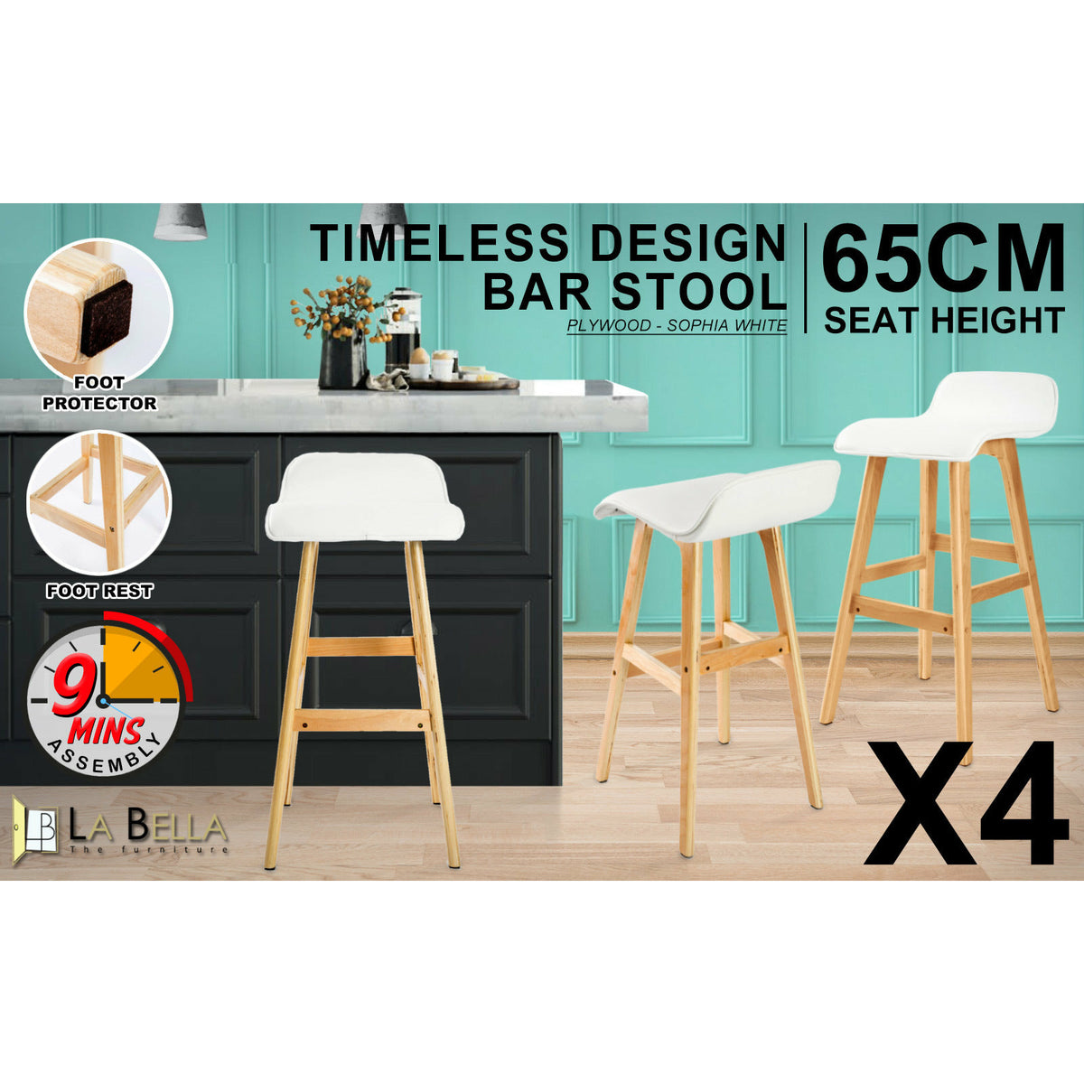 La Bella 4 Set 65cm White Wooden Bar Stool Sophia Leather