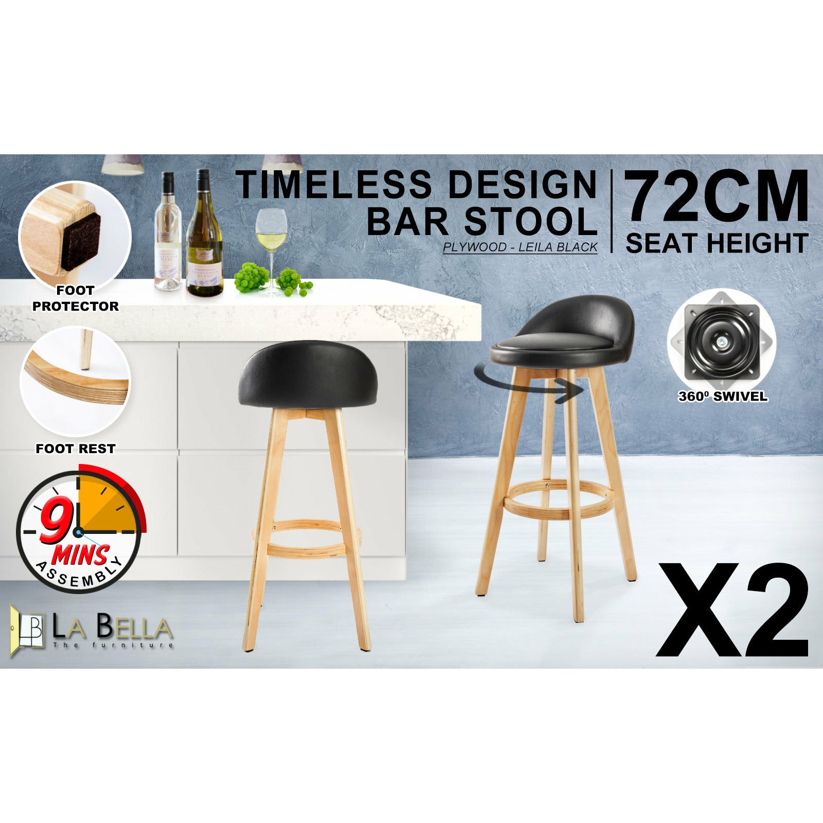 La Bella 2 Set 72cm Black Wooden Bar Stool Leila Leather