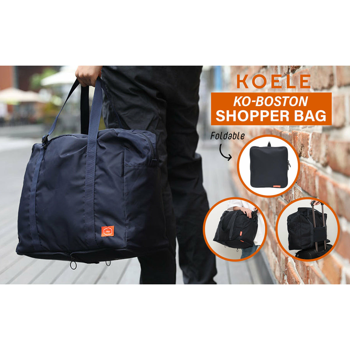 KOELE Navy Shopper Bag Travel Duffle Bag Foldable Laptop Luggage KO-BOSTON