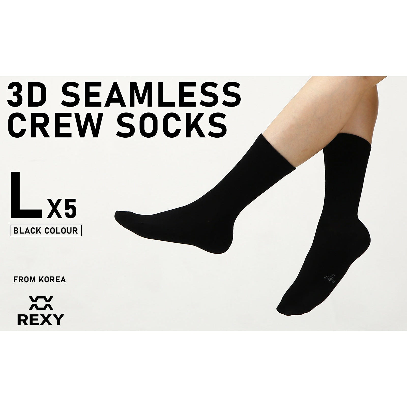 Rexy 5 Pack Large Black 3D Seamless Crew Socks Slim Breathable