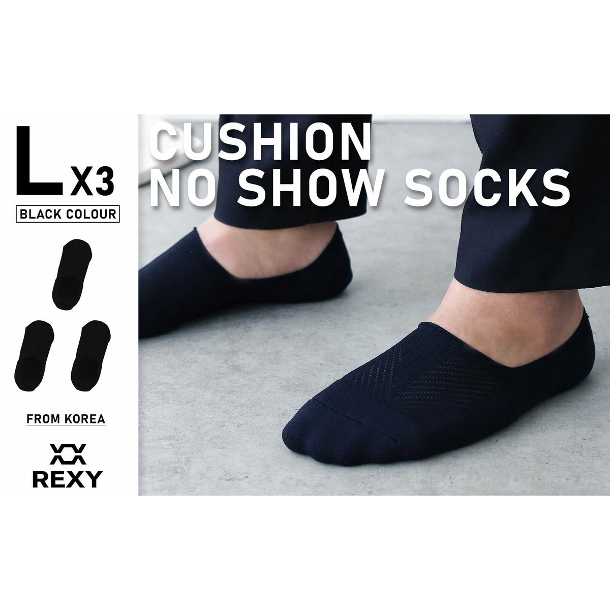 Rexy 3 Pack Large Black Cushion No Show Ankle Socks Non-Slip Breathable