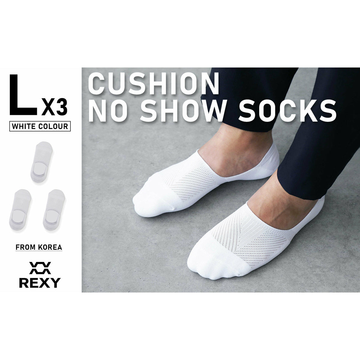 Rexy 3 Pack Large White Cushion No Show Ankle Socks Non-Slip Breathable
