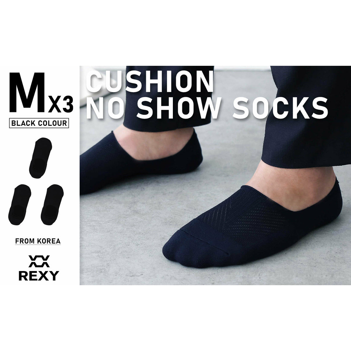Rexy 3 Pack Medium Black Cushion No Show Ankle Socks Non-Slip Breathable