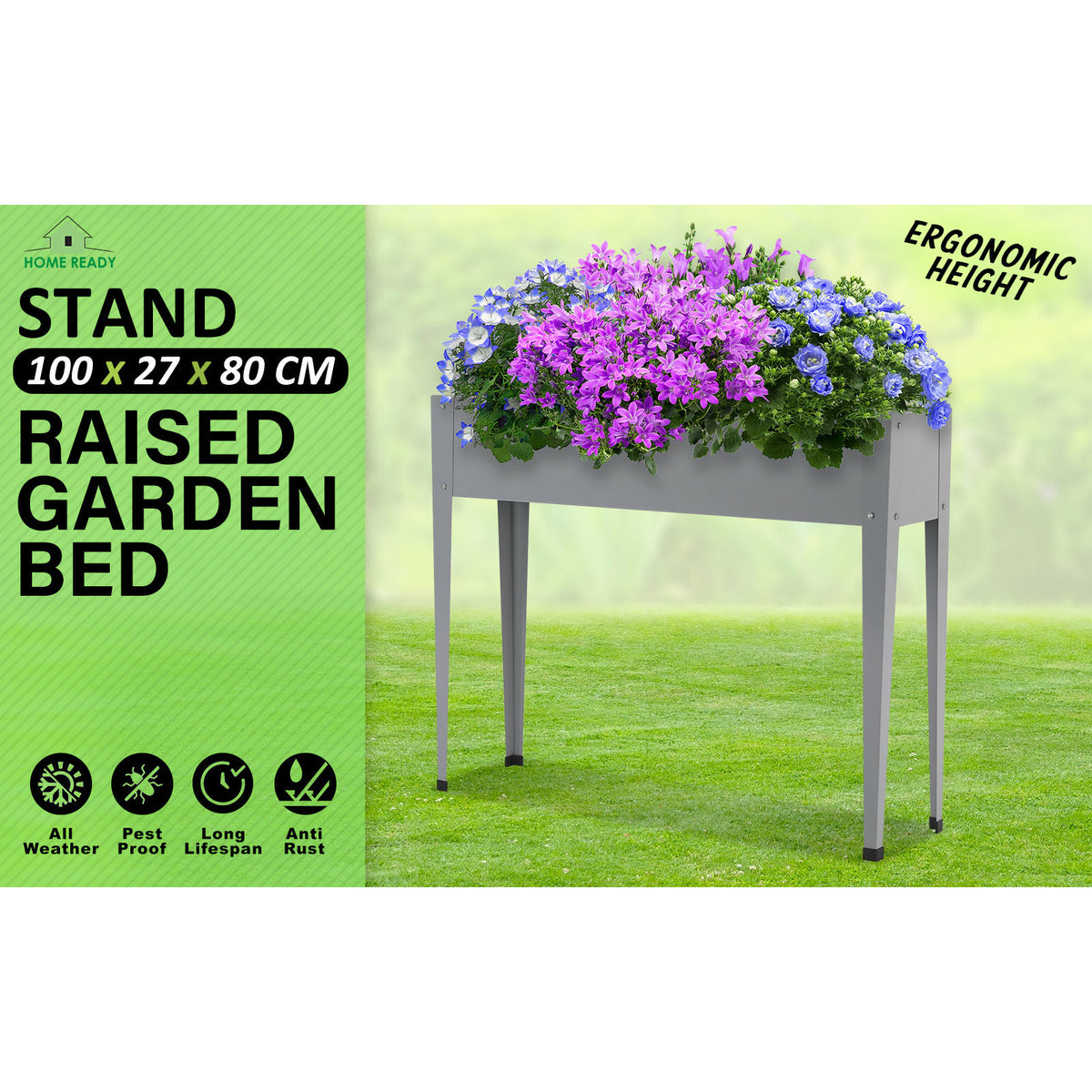 Home Ready 100x27x80cm Grey Raised Garden Bed Stand Galvanised Steel Planter
