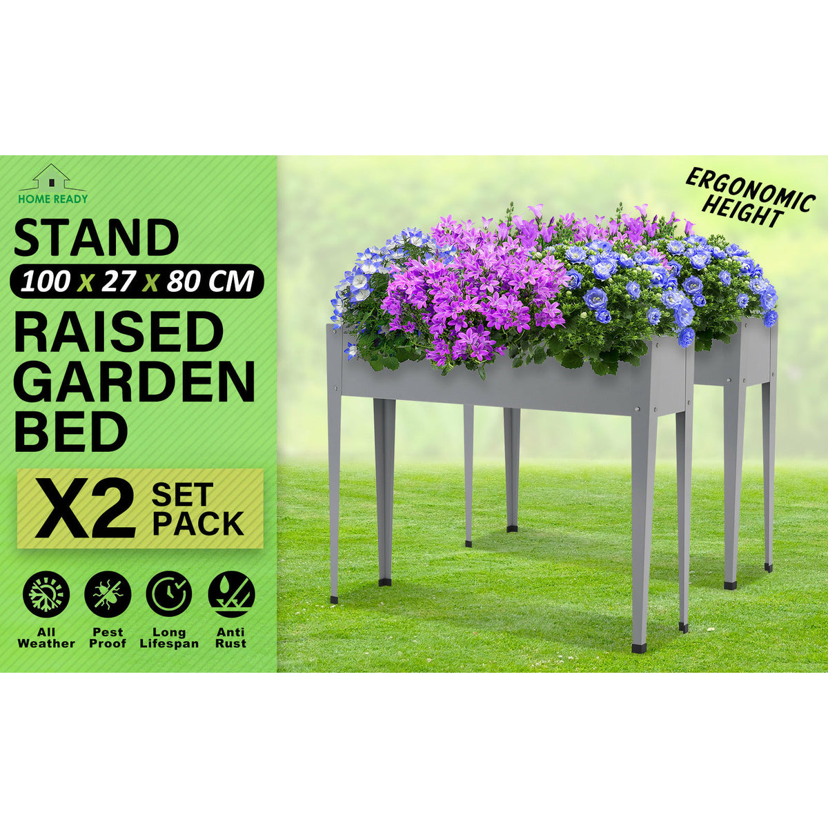 Home Ready 2 Set 100x27x80cm Grey Raised Garden Bed Stand Galvanised Steel Planter