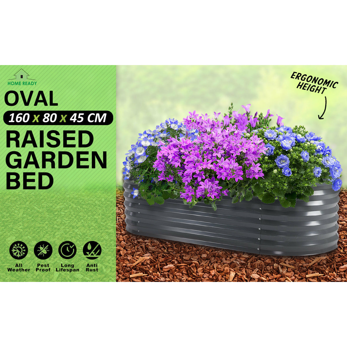 Home Ready 160 x 80 x 45cm Grey Raised Garden Bed Galvanised Steel Planter