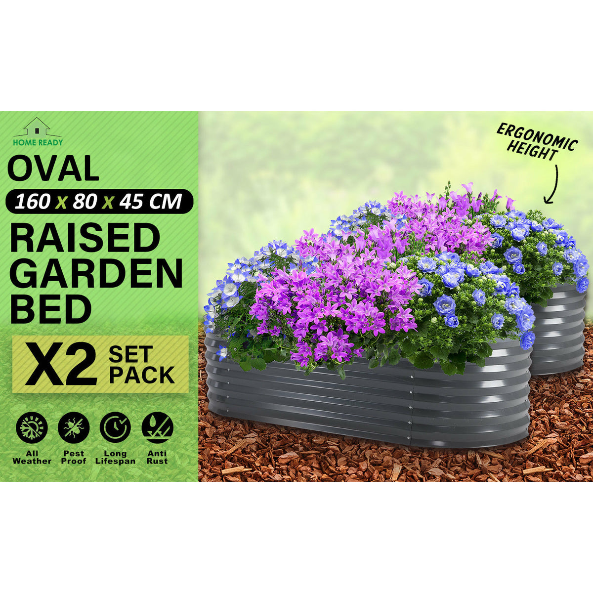 Home Ready 2 Set 160 x 80 x 45cm Grey Raised Garden Bed Galvanised Steel Planter