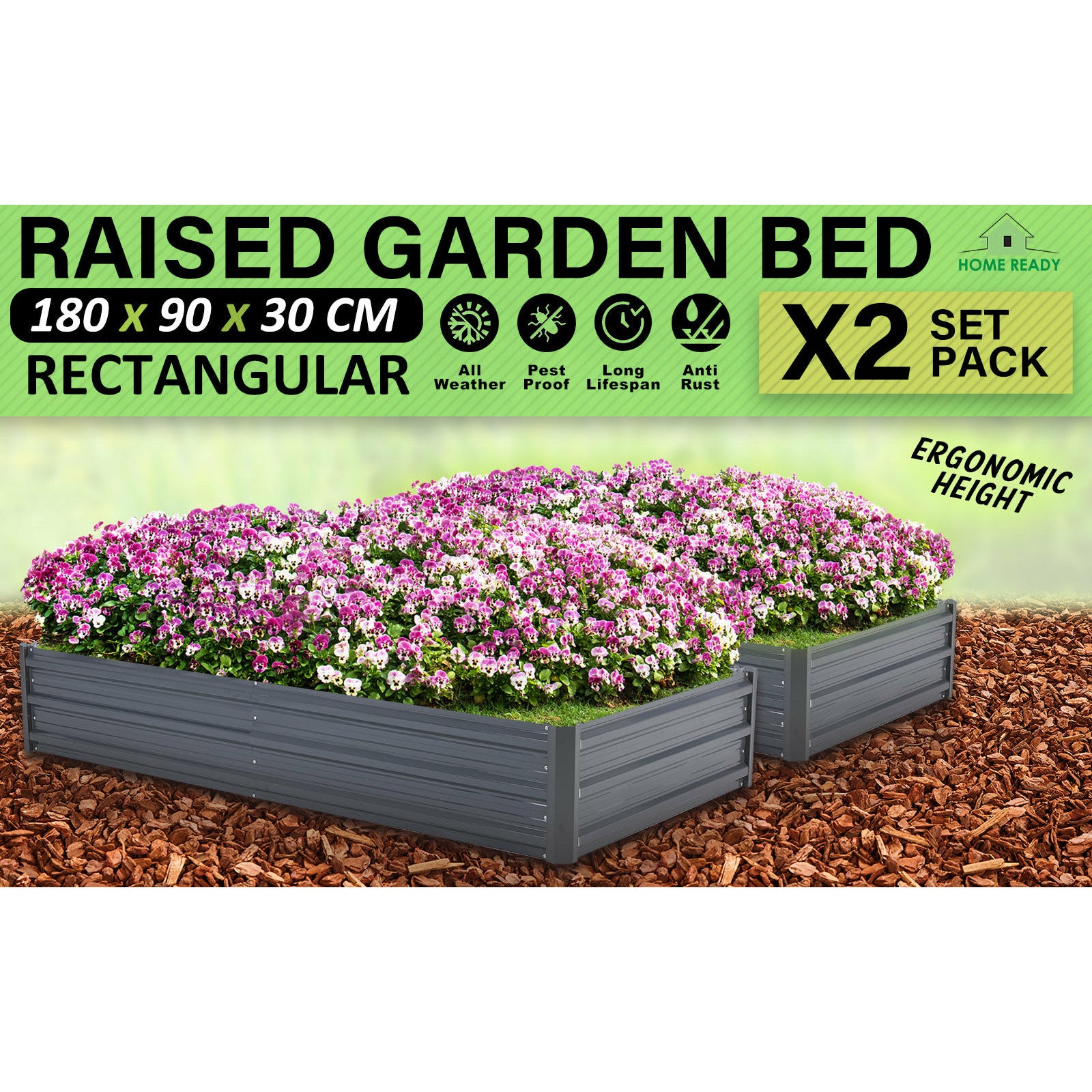 Home Ready 2 Set 180 x 90 x 30cm Grey Raised Garden Bed Galvanised Steel Planter