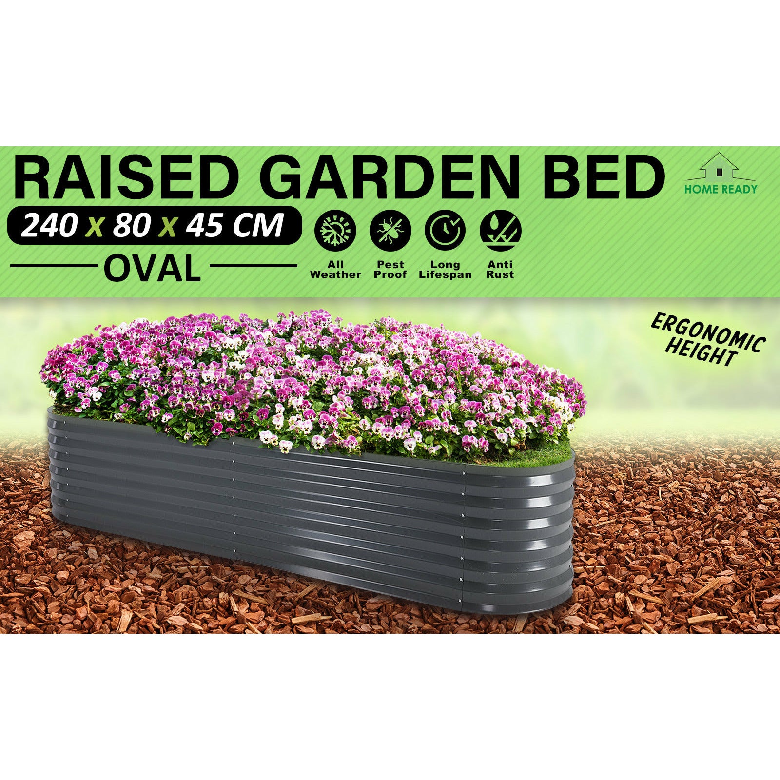 Home Ready 240 x 80 x 45cm Grey Raised Garden Bed Galvanised Steel Planter