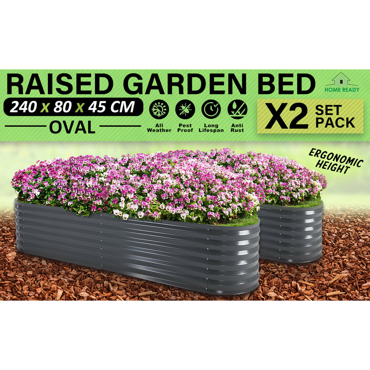 Home Ready 2 Set 240 x 80 x 45cm Grey Raised Garden Bed Galvanised Steel Planter