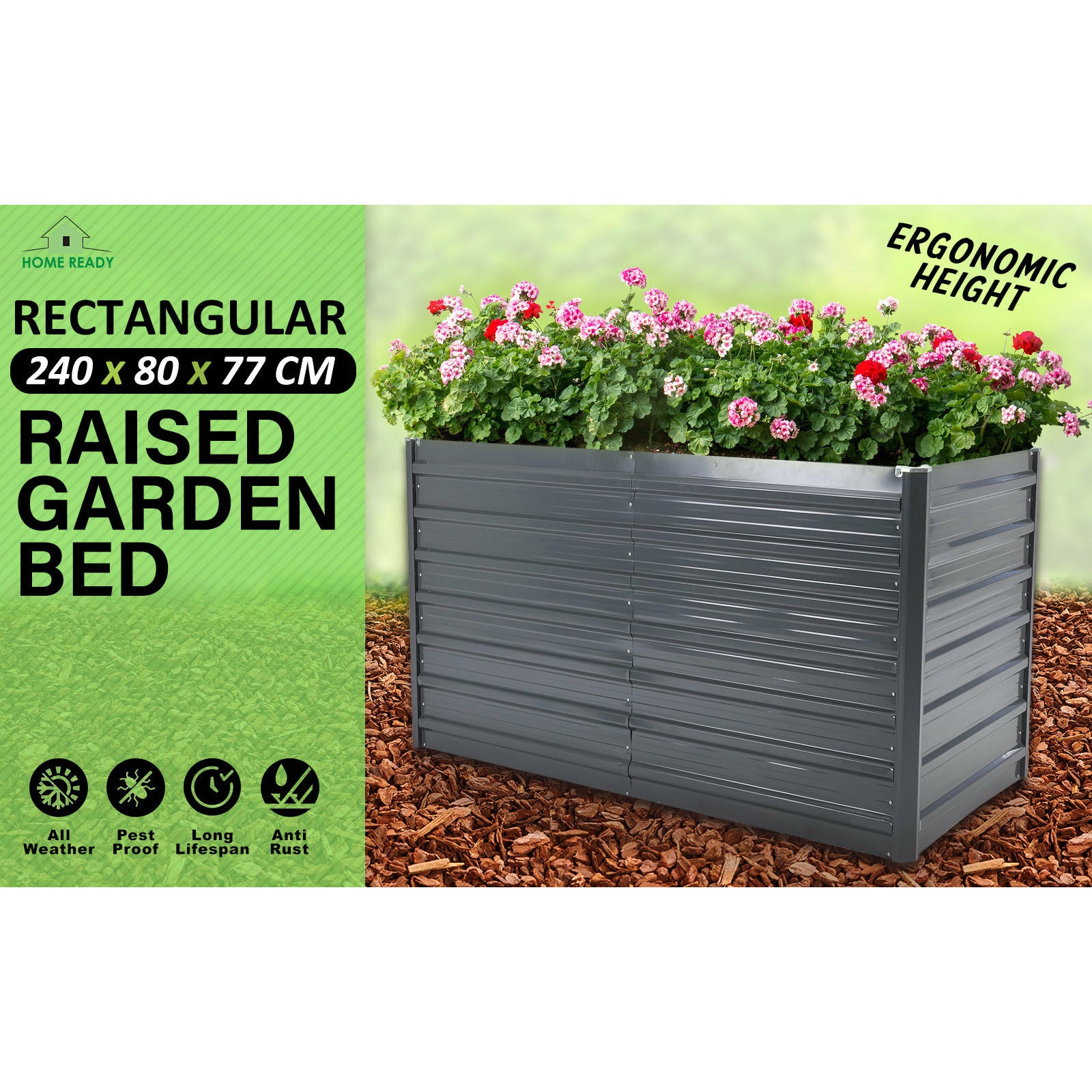 Home Ready 240 x 80 x 77cm Grey 2-in-1 Raised Garden Bed Galvanised Steel Planter