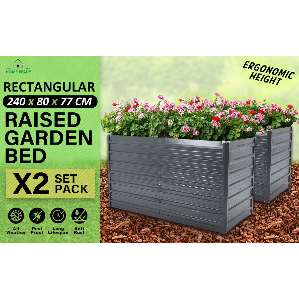 Home Ready 2 Set 240 x 80 x 77cm Grey 2-in-1 Raised Garden Bed Galvanised Steel Planter